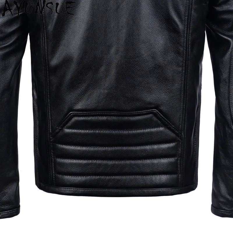 AYUNSUE Pure Cowhide Men Leather Jacket Fashion Stand Collar Short 100% Genuine Cow Leather Real Jacket Slim-fit Motorcycle Wear