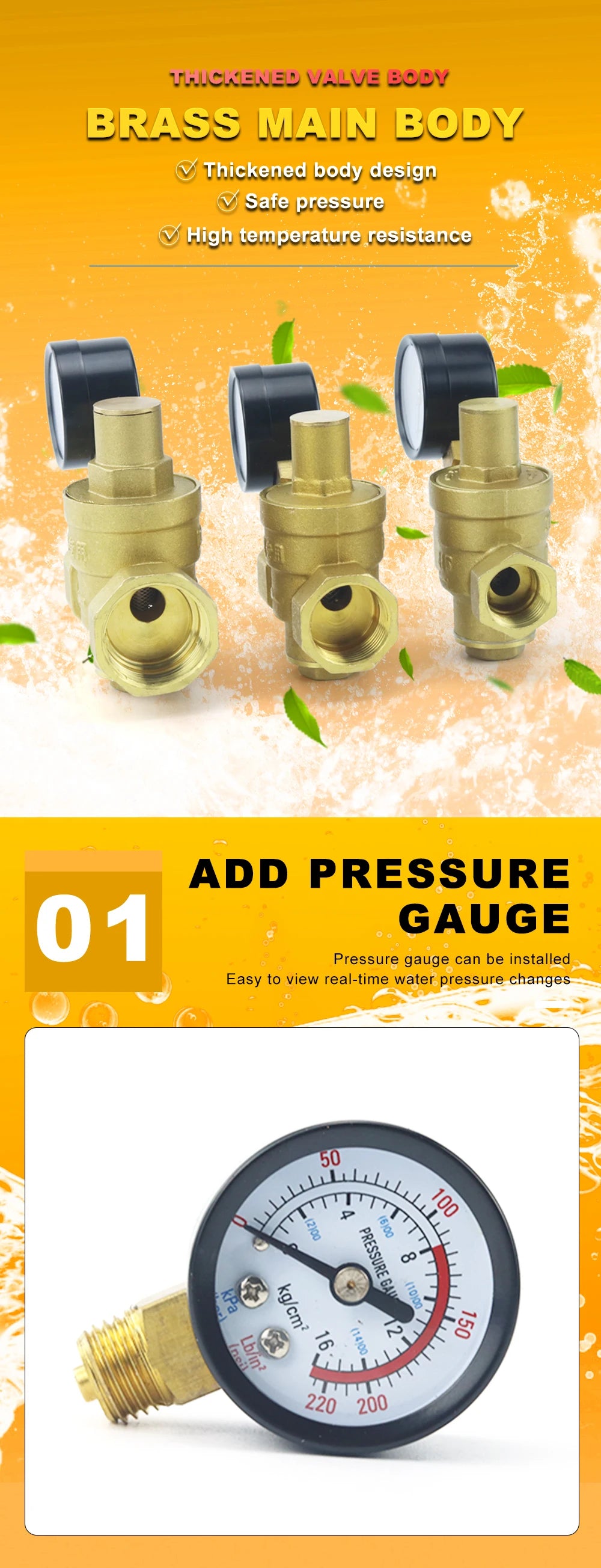 DN15 DN20 DN25 Brass Water Pressure Reducing Maintaining Valve 1/2" 3/4" 1" Adjustable Relief Valve With Gauge Meter
