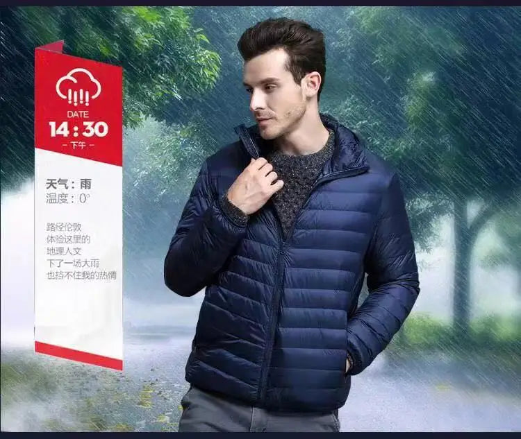 Down Cotton Coat Man 2025 Light Feathered Cotton Jacket Winter Slim Hooded Stand-Up Collar Solid Color Warm Clothing