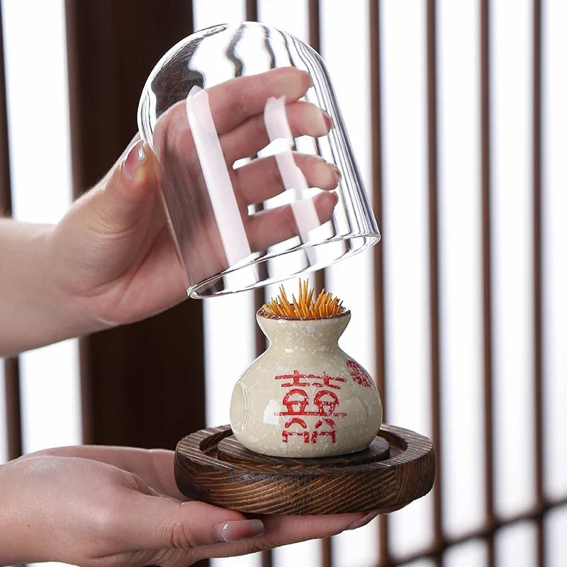 Japanese Retro Toothpick Box Home Toothpick Cotton Swabs Jar Ceramic Pot Glass Dust Cover Modern Exquisite Decoration Modern