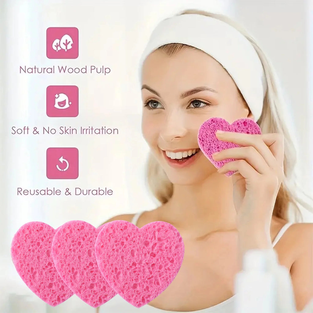 Facial sponge with container, heart-shaped compressed facial sponge natural cleaning pad for washing face, exfoliating, and make