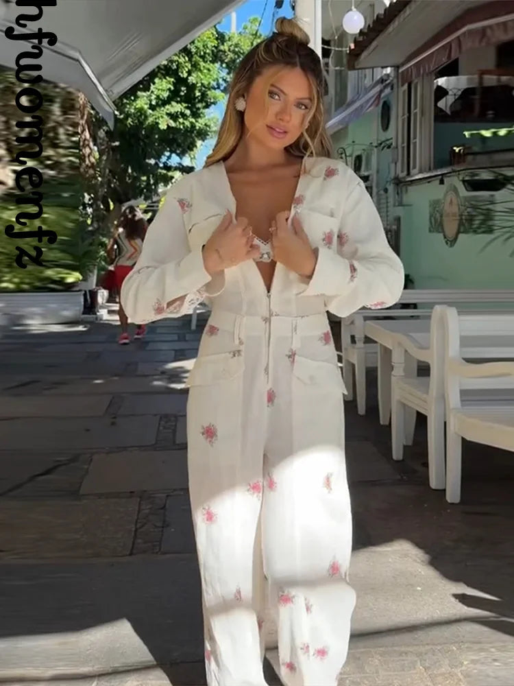 Elegant Print Women Jumpsuits Fashion Long Sleeve V-neck Zippers Female Overalls 2026 Summer Autumn All-match Lady Outfit