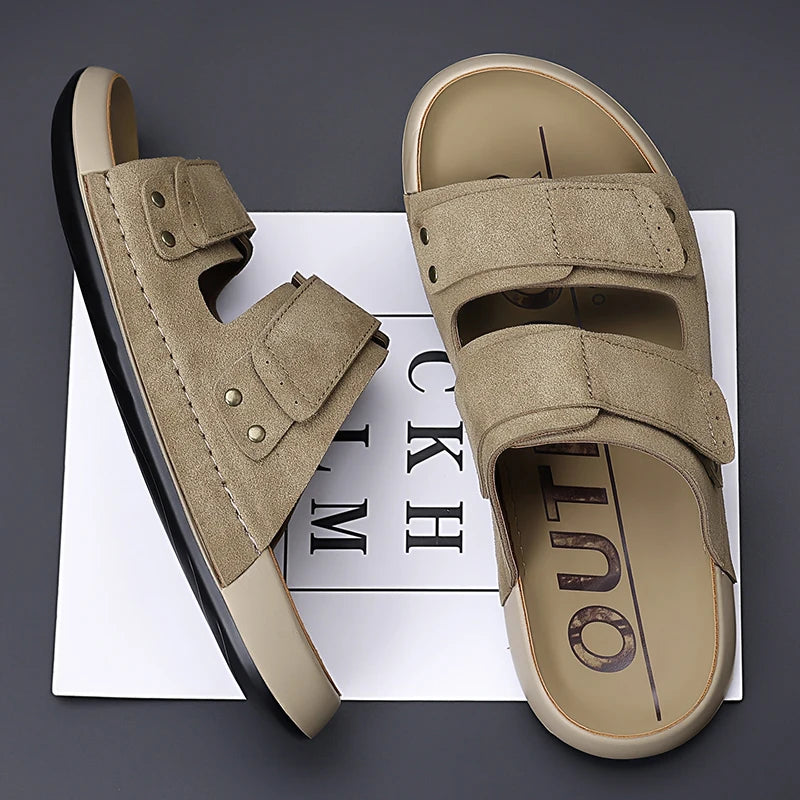 Men Sandals Canvas Luxury Pu Leather Men's Beach Sandal Footwear 2026 Autumn Male Casual Shoes Comfort Anti Slip Outsole Adult 7