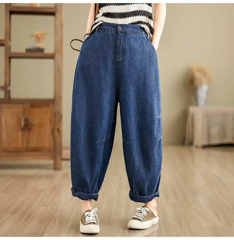 2026 New Women's Retro Literary Baggy Jeans Simple Versatile Wide-leg Washed Denim Trousers Casual Streetwear Ladies Harem Pants