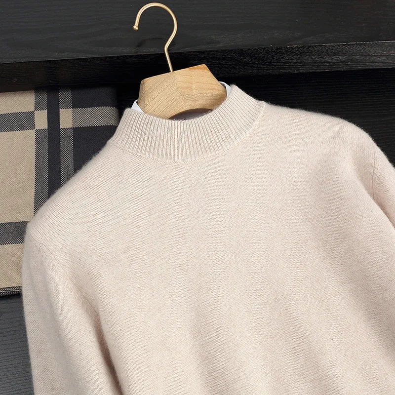 Autumn/Winter Men's 100% Cashmere Pullover Business Casual Solid Knitted Sweater Loose Half High Neck Tops Thick Warm Jumper