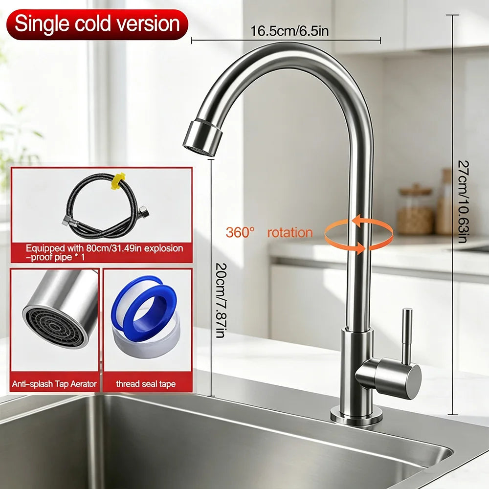 Stainless Steel Kitchen Faucet 360° Rotation Single Cold/Hot Cold Mixer Tap for Sink