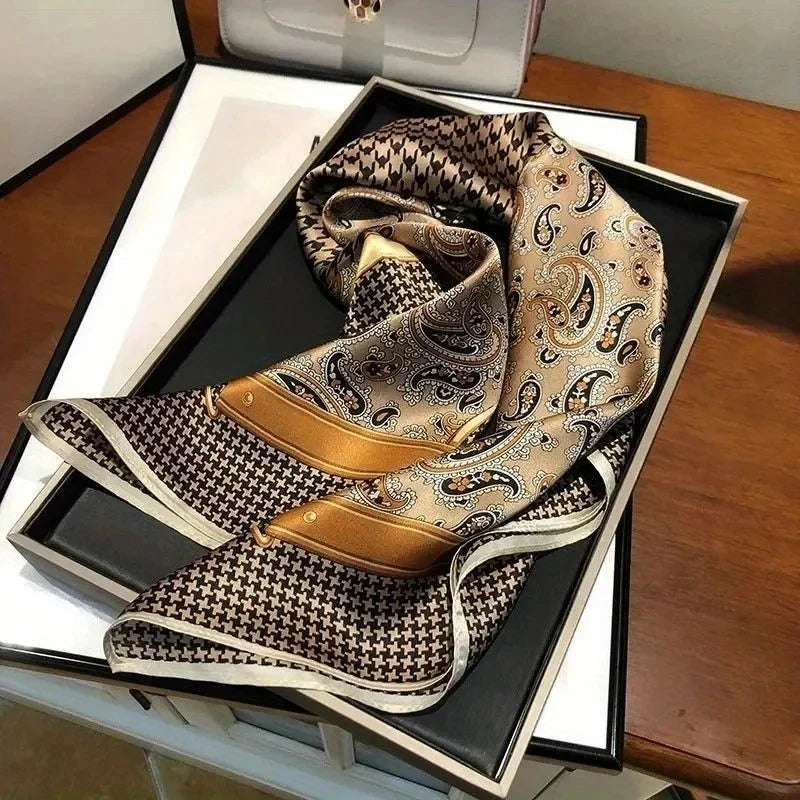 Luxury Brand Paisley Houndstooth Printed Square Scarf Soft Satin Thin Smooth Neck Scarf Sunscreen Headscarf For Women Head Wrap