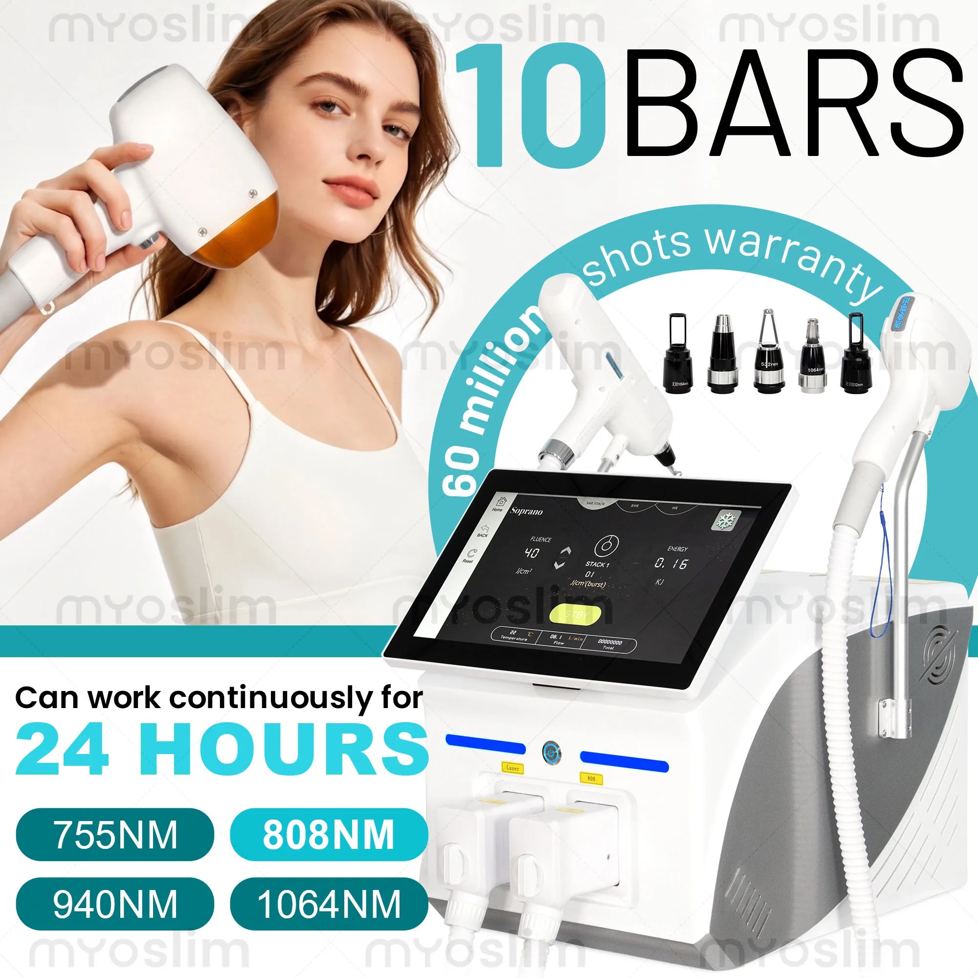 Myoslim 2In1 FAC 10Bars Diode 808 Lase Hair Removal Machin Picosecond Tattoo Removal Machine 4Wavelength Skin Rejuvenation