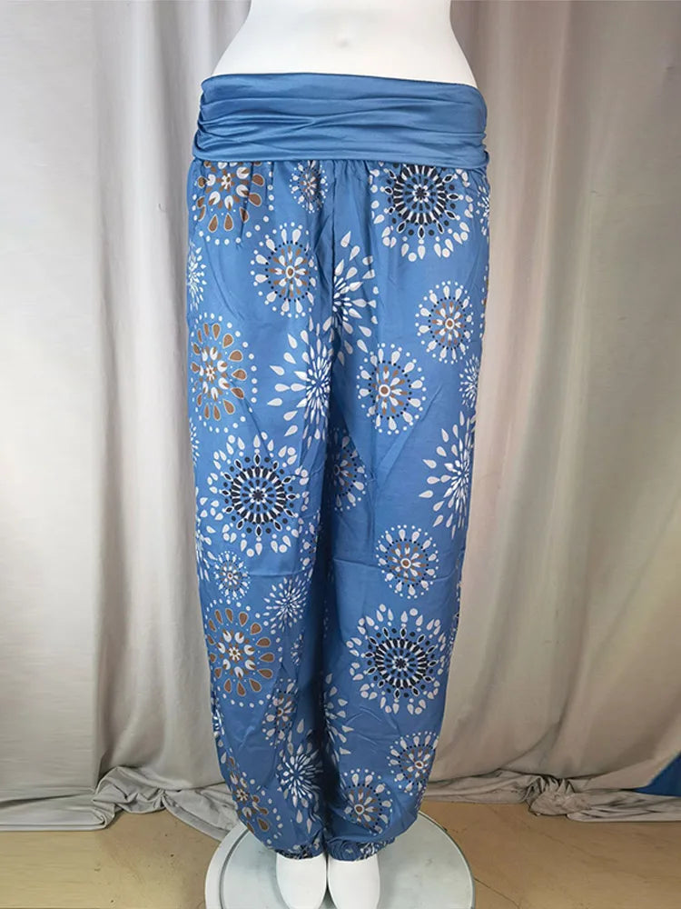 Women's Pants Floral Printed Patchwork Pleaded Harem Pants Bohemian Female High Waist Wide Leg Trousers Casual Ladies Streetwear