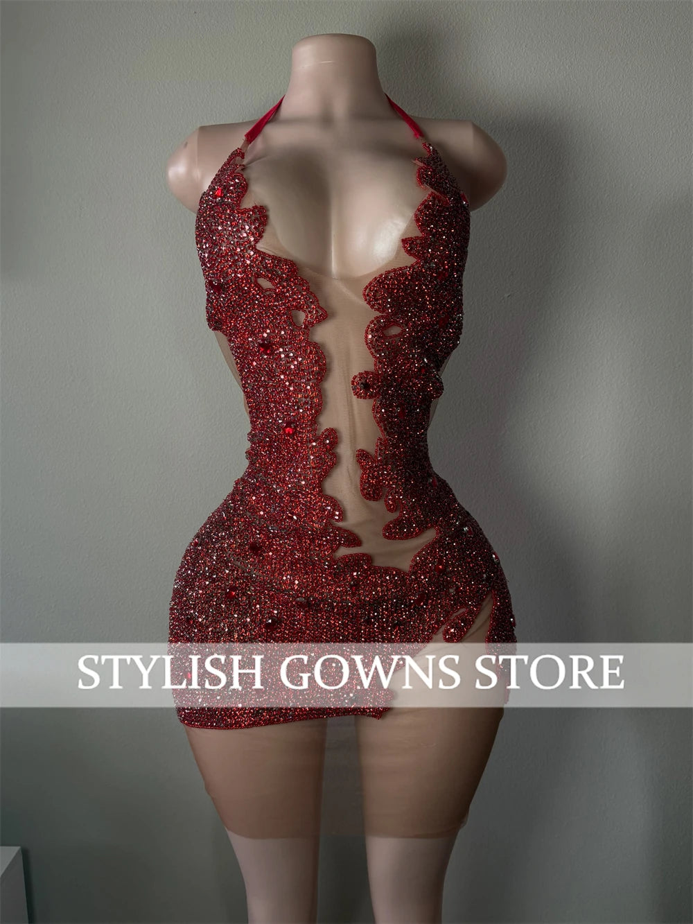 Red Sheer Diamond Short Prom Dress Black Girls Birthday Party Dresses Beaded African Cocktail Dresses Homecoming 2026 Customized