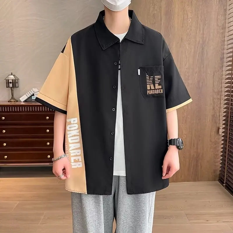 New Shirts for Men Patchwork Graphic T-shirts Men's Clothing Summer Casual Short Sleeved Daily Street Tops Loose Oversized Shirt
