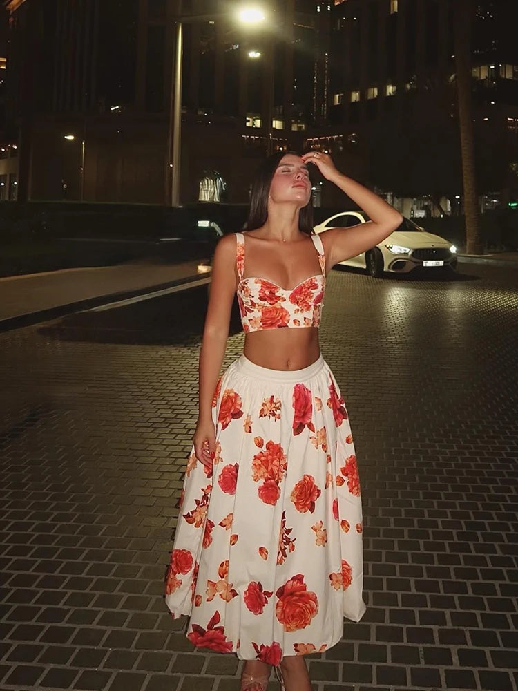 Elegant Floral Two Piece Set Sweetheart Crop Bustier High Waist Flowy A Line Midi Skirt Women Summer Daily Vacation Party Outfit