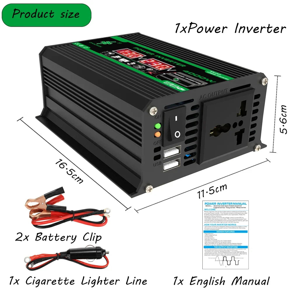 4000W Solar Inverter Portable Power Bank DC 12V to AC 110/220V Dual USB LCD Display Car Converter for Camping RV Universal Plug