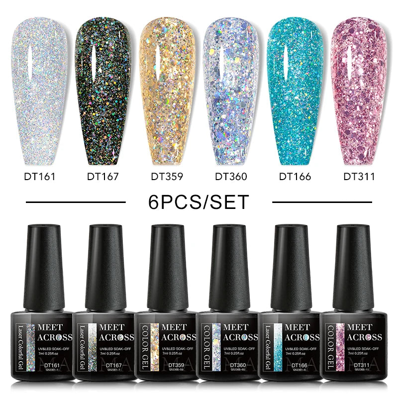MEET ACROSS 6/8Pcs Set Glitter Gel Nail Polish Autumn Winter Nail Art Varnishes Semi Permanent Soak Off UV Gel Kit Nails Lacquer