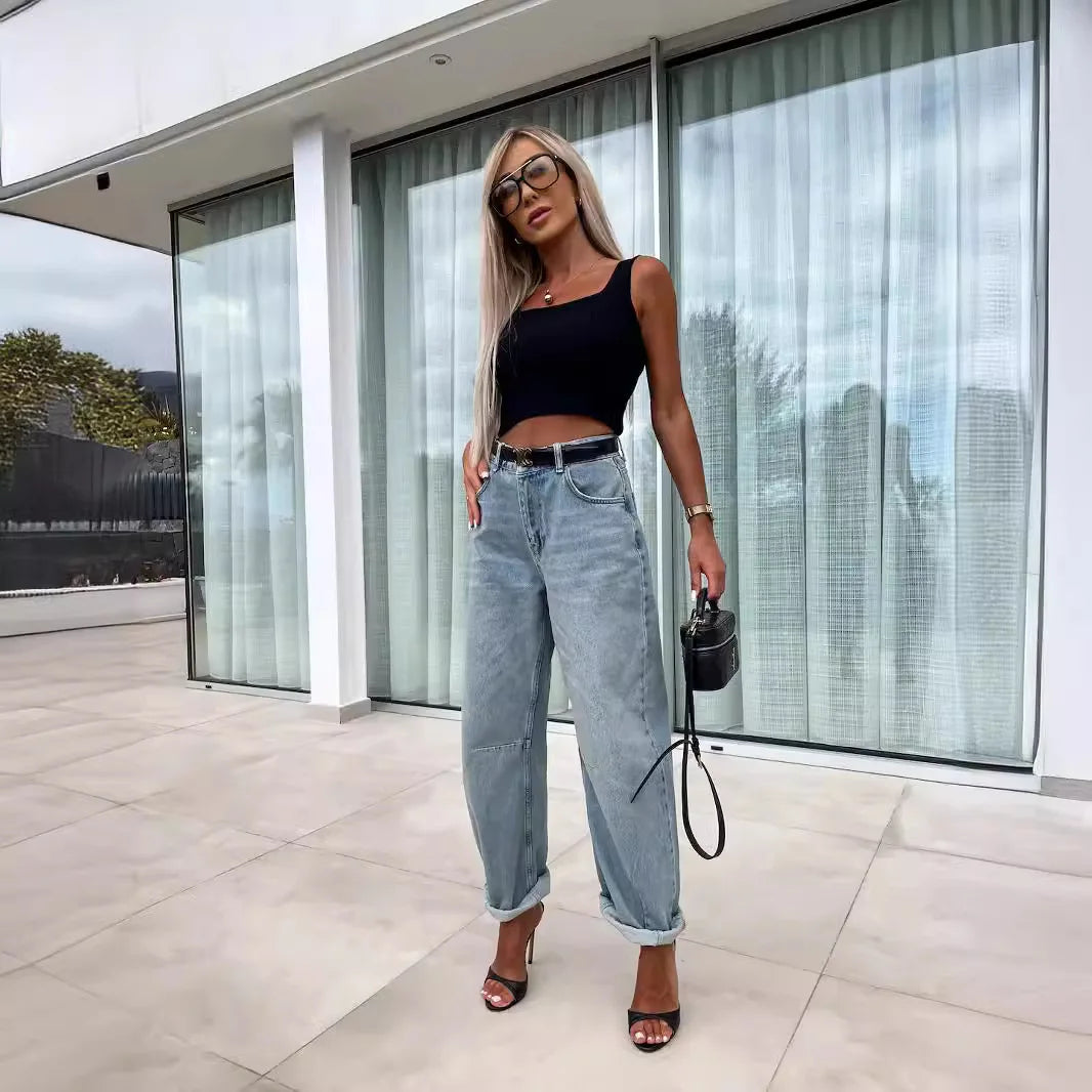 Denim Pant Women Jeans Long Pants High Waist Casual Loose Straight Trousers Y2k Streetwear Elegant Mom Jeans Work 2025 Summer