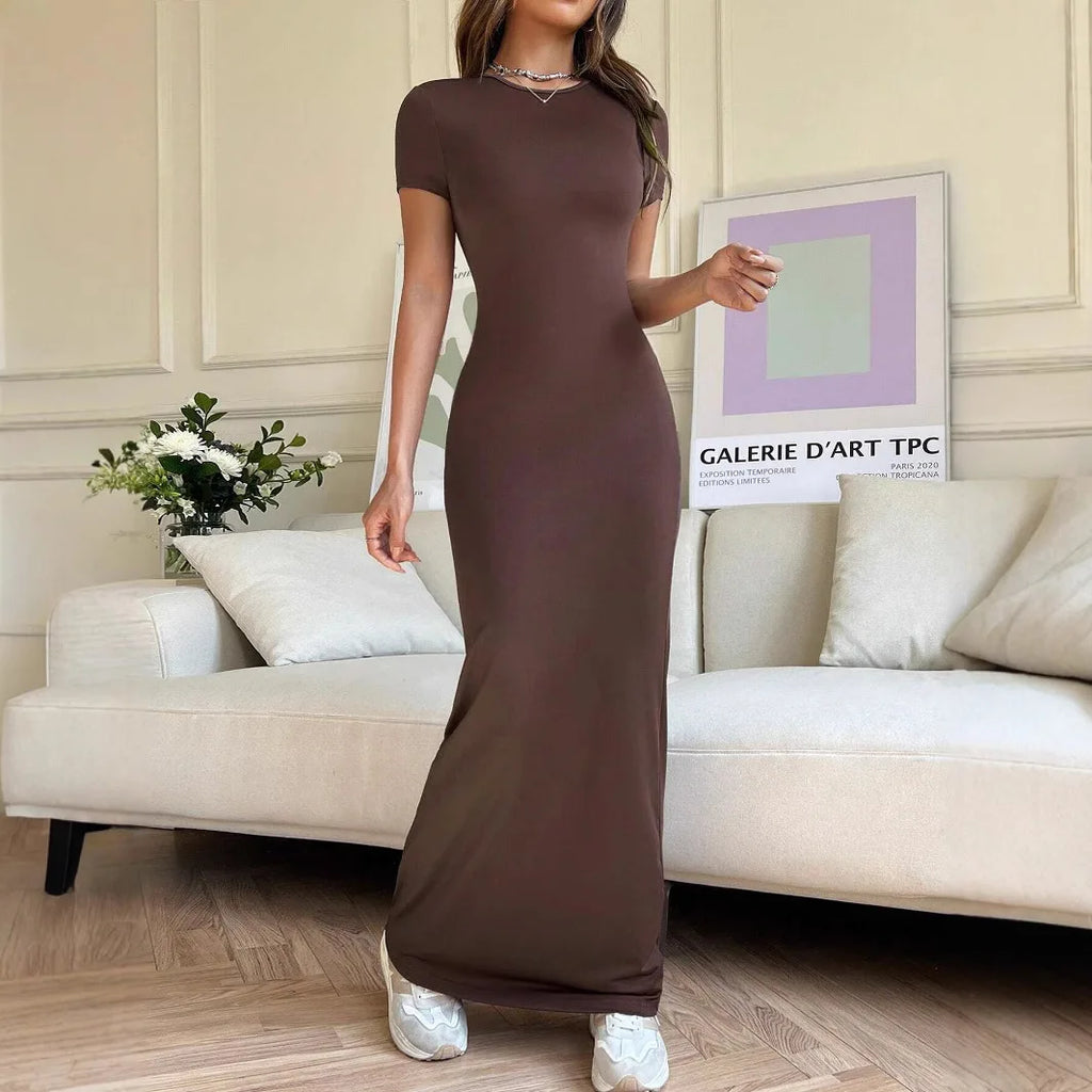 Short-sleeved Solid Color Slim Sexy Waisted Spring And Summer Temperament Dress Women's Round Neck Elegant Long Dress For Dinner