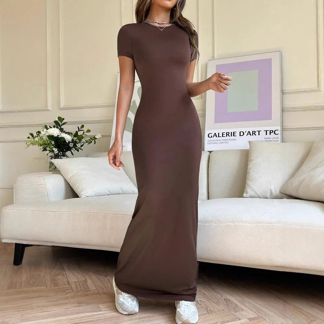 Short-sleeved Solid Color Slim Sexy Waisted Spring And Summer Temperament Dress Women's Round Neck Elegant Long Dress For Dinner