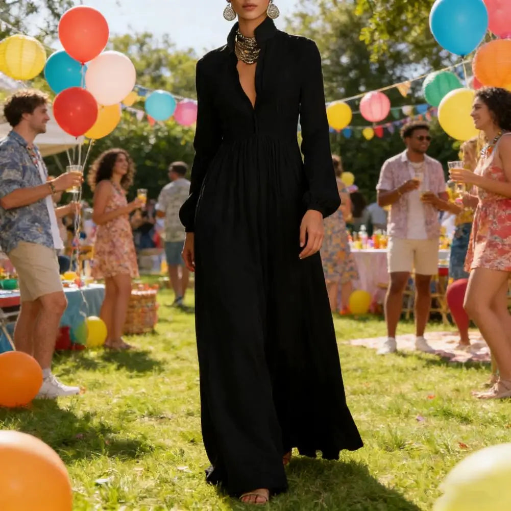 French Elegant High Waist Swing Long Dress Woman Spring Solid Pockets Pleated Maxi Dress Autumn Long Sleeve Button Evening Dress