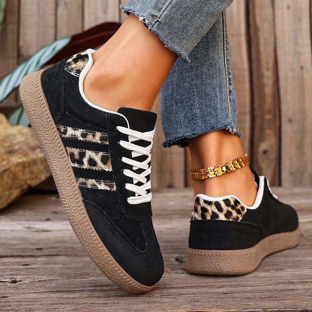 New Leopard Print Casual Sports Shoes for Autumn Winter, Large-sized Lace-up Anti-slip Round-toe Lace-up Women's Single Shoes 74