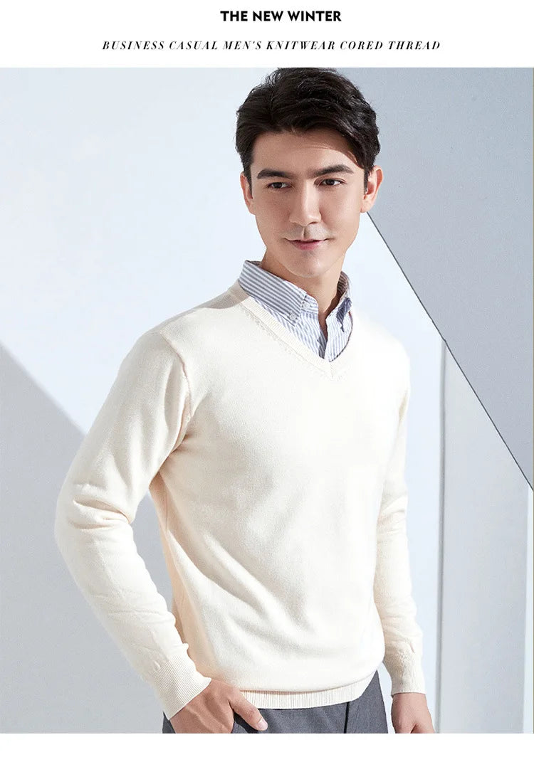 Cashmere Cotton Blend Classic V-neck Knitted Sweater Men Pullover 2024 Autumn Winter Soft Warm Business Casual Jumper pull homme