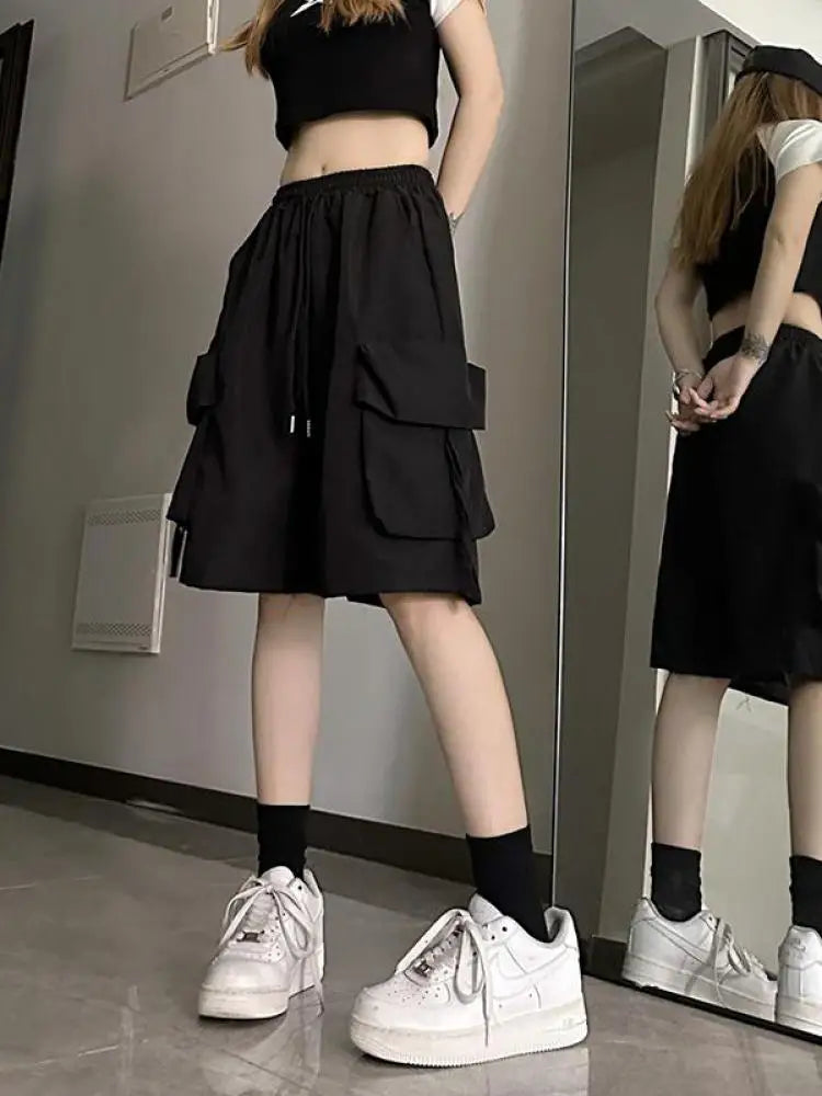 Gidyq Women High Waist Cargo Shorts American Style Streetwear Summer Wide Leg Pants Fashion Female Big Pocket Loose Shorts New