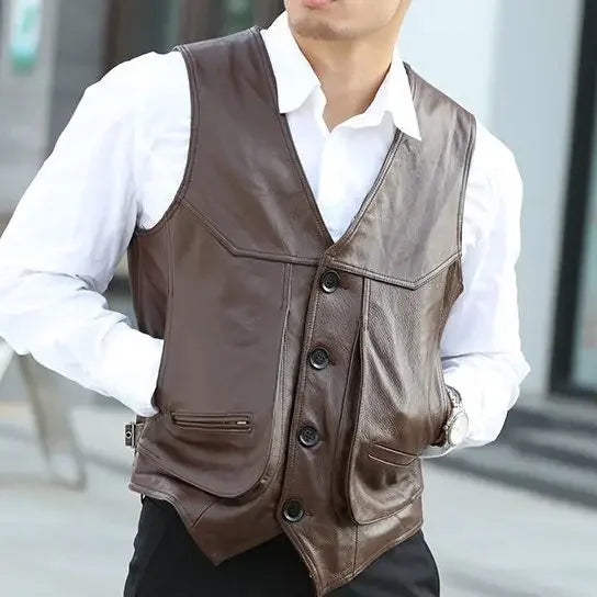 2024 Men Spring Autumn New Genuine Leather Motorcycle Vest Mens Real Cowhide Leather Waistcoat Male V-neck Sleeveless Coat D412