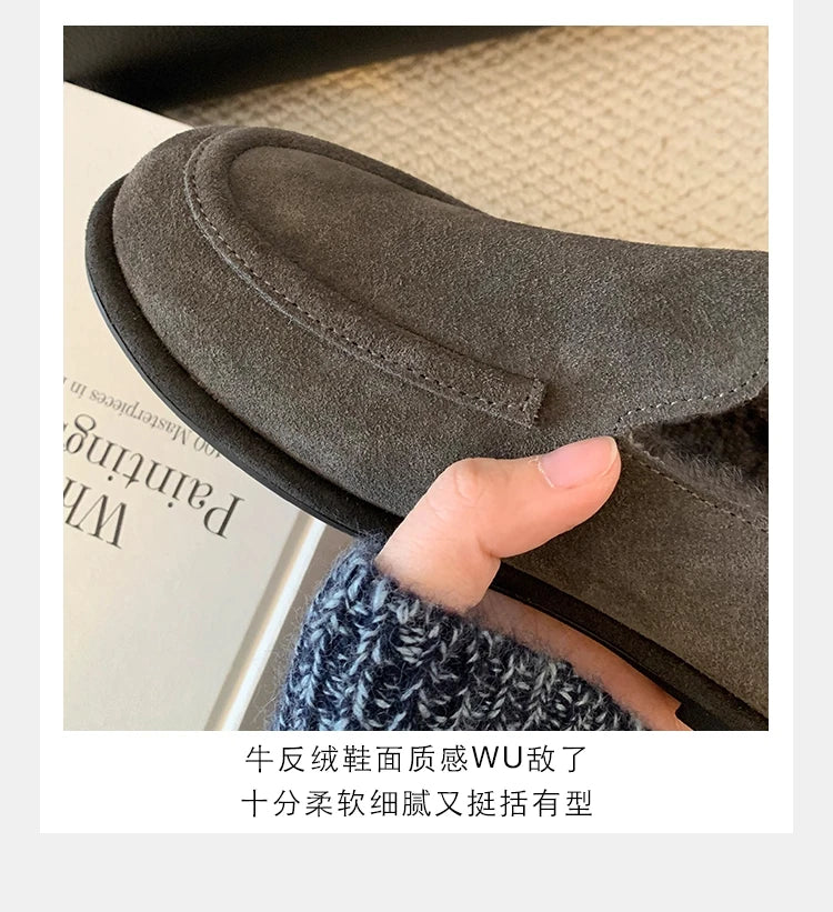 New Suede Leather Loafers Woman Round Toe Slip-on Casual Flat Shoes Wool Warm Winter Shoes Outdoors Walk Shoes Women