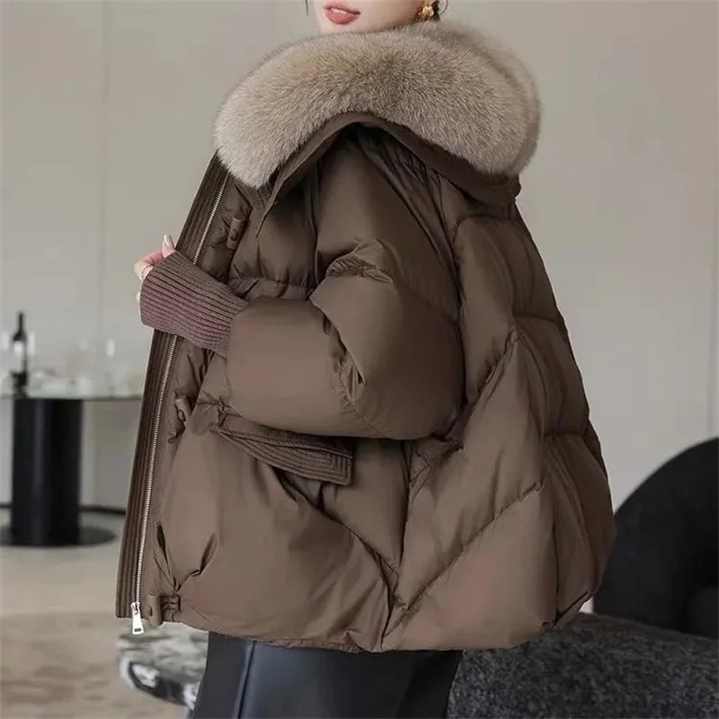 2026 Autumn/Winter New Down Jacket Women's Korean Loose Short Coat Female big fur collar Cotton Jacket Women Snow Parka Coats