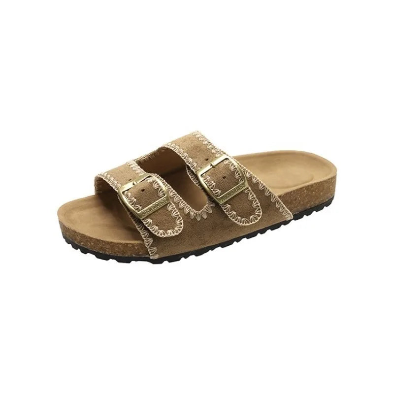 Women's Flat Slide Sandals Open Toe Suede Look Double Buckle Strap Slip on Whipstitch Detail Casual Summer Daily Walking Shoes