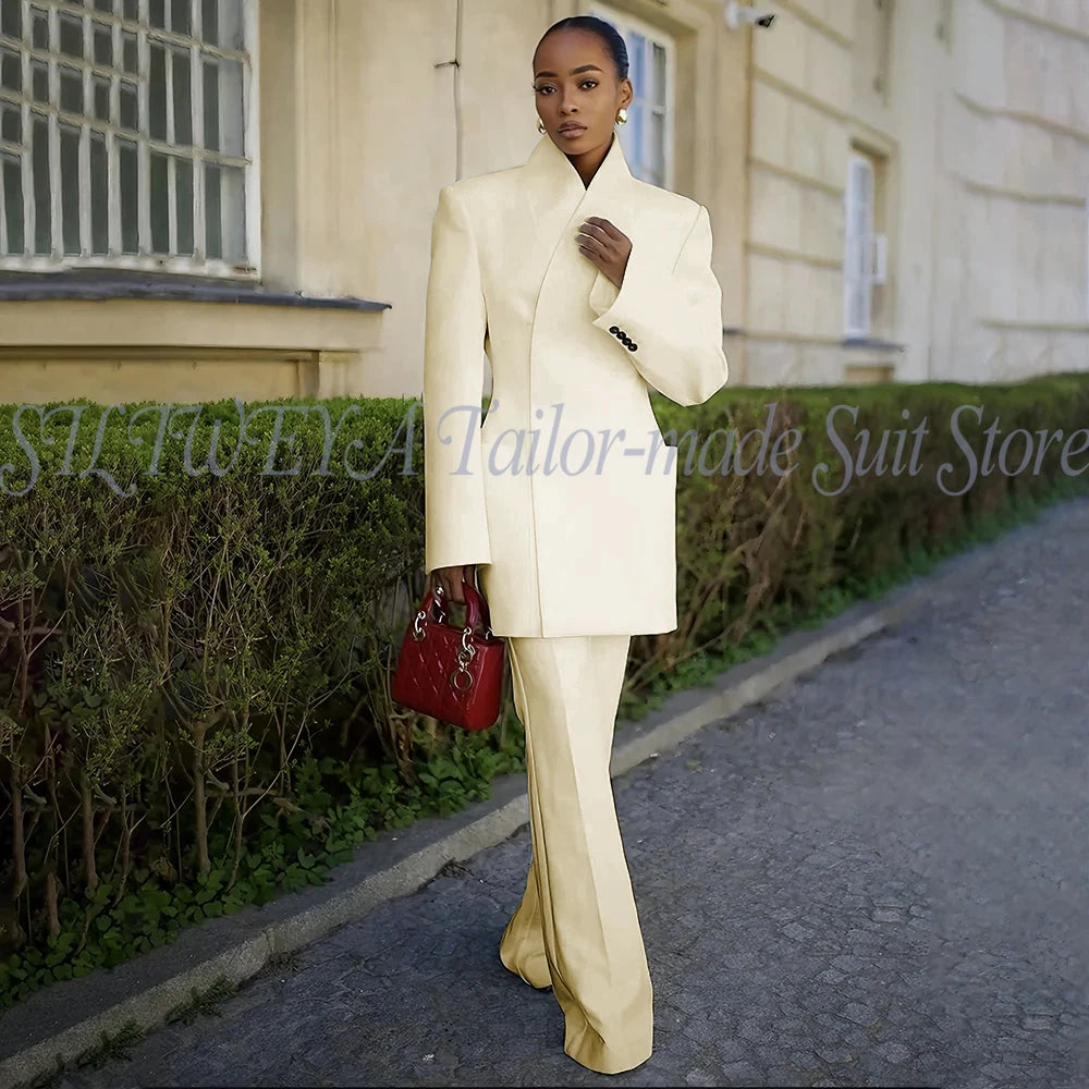 White Pants Suit Woman Luxury 2 Pieces Jacket Pants Smart Casual Office Lady Blazer Set Solid Color Trajes De Mujer Elegante