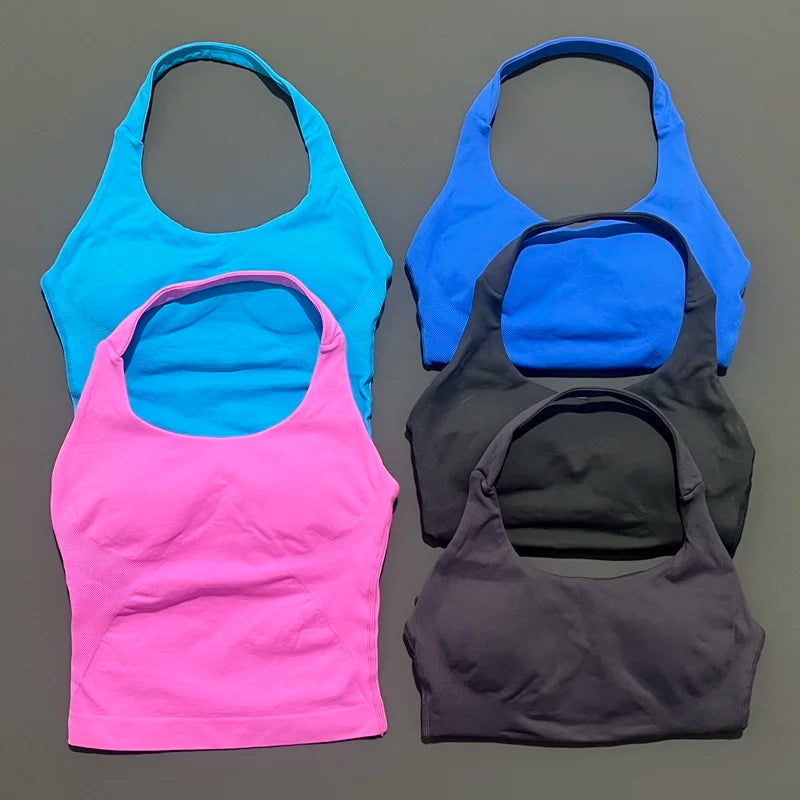HISTELLO Sports Halter Top Seamless Longline Strappy Gym Tank Top Women Yoga Clothing Workout Fitness Sportswear Pilates Vest
