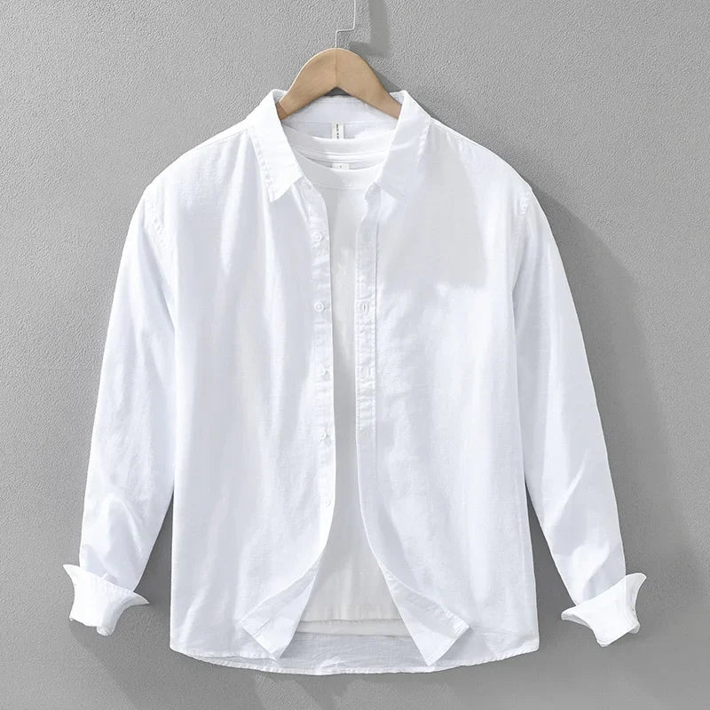 7369 Cotton Linen White Shirt for Men Good Quality Solid Color Simple Basic Long Sleeve Loose Casual Lapel Blouse Breathable Top