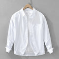 7369 Cotton Linen White Shirt for Men Good Quality Solid Color Simple Basic Long Sleeve Loose Casual Lapel Blouse Breathable Top