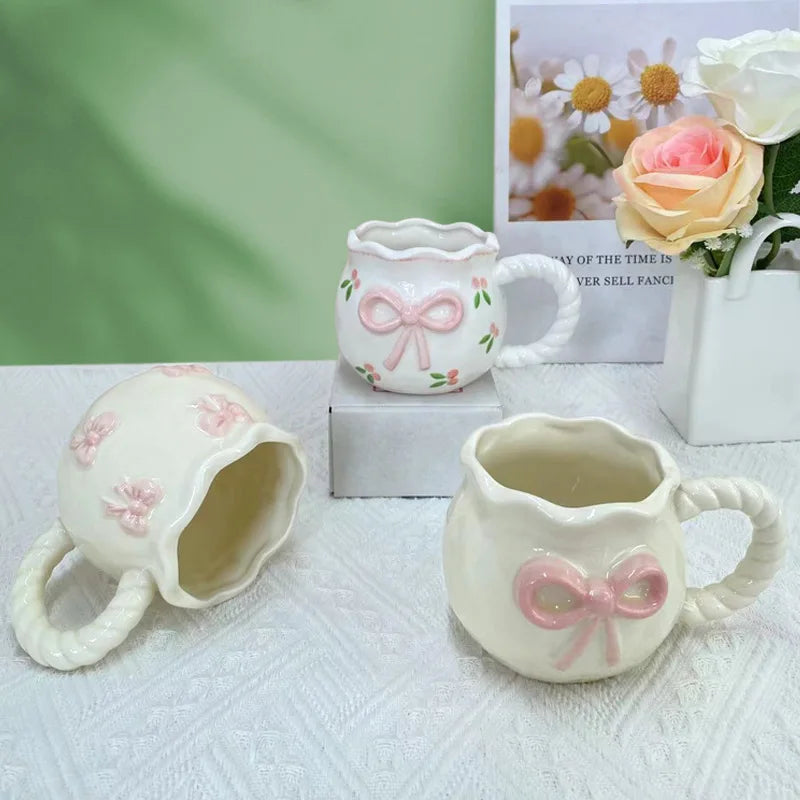 Bow Ceramic Coffee Cup Cute Handmade Ins Style Mug Drinking Water Afternoon Tea Gift Decoration Summer Dopamine Girlfriend Gift