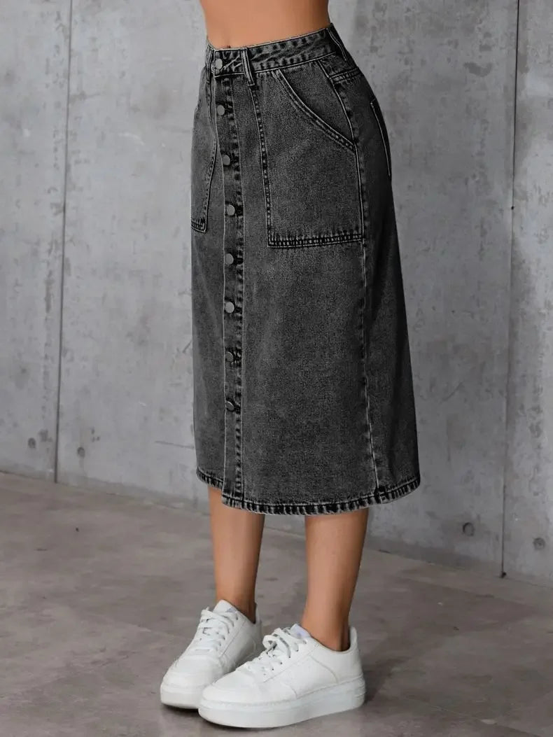 Women High Waist Stretchy Denim Pencil Skirt Midi Length Knee-Length Slit Bodycon Flattering Casual Daily Streetwear