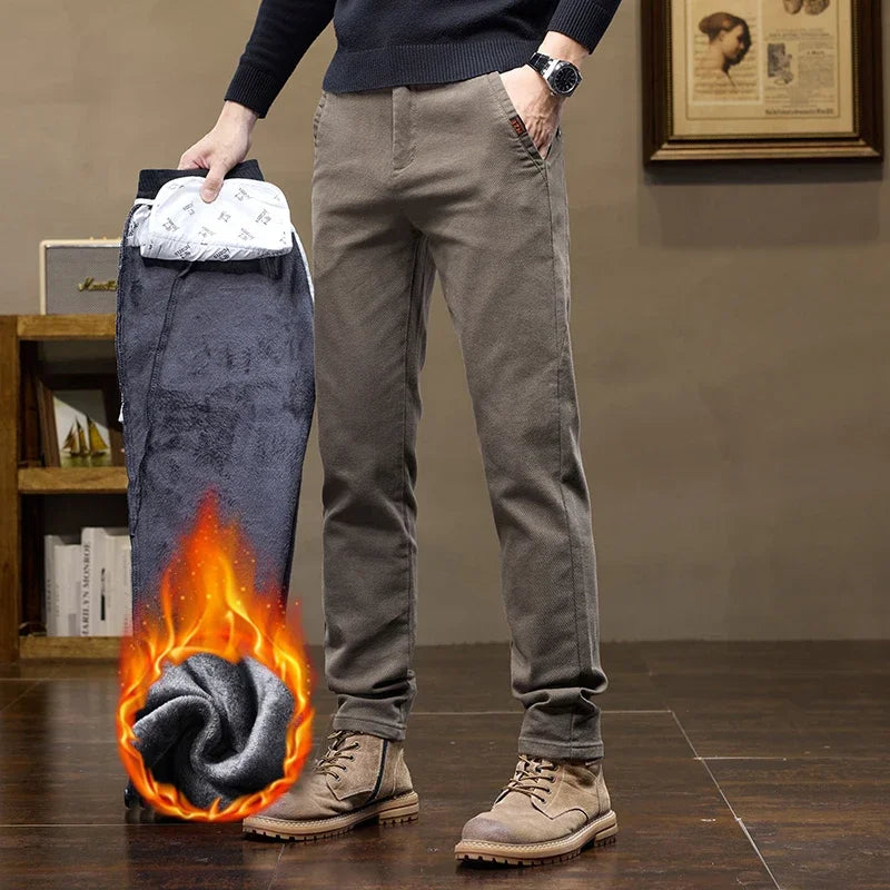 Korean Fashion Fleece Men's Casual Pants Slim Straight Youth Warm Trousers Thickened Thermal Stretch Male Clothes Trendy Brand