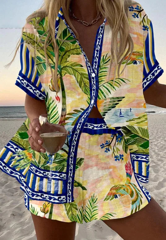 Fashion Print Beach Holiday 2 Piece Set Women Summer Short Sleeve Shirt Top Wide Legs Shorts Women's Oversize Two Piece Outfit
