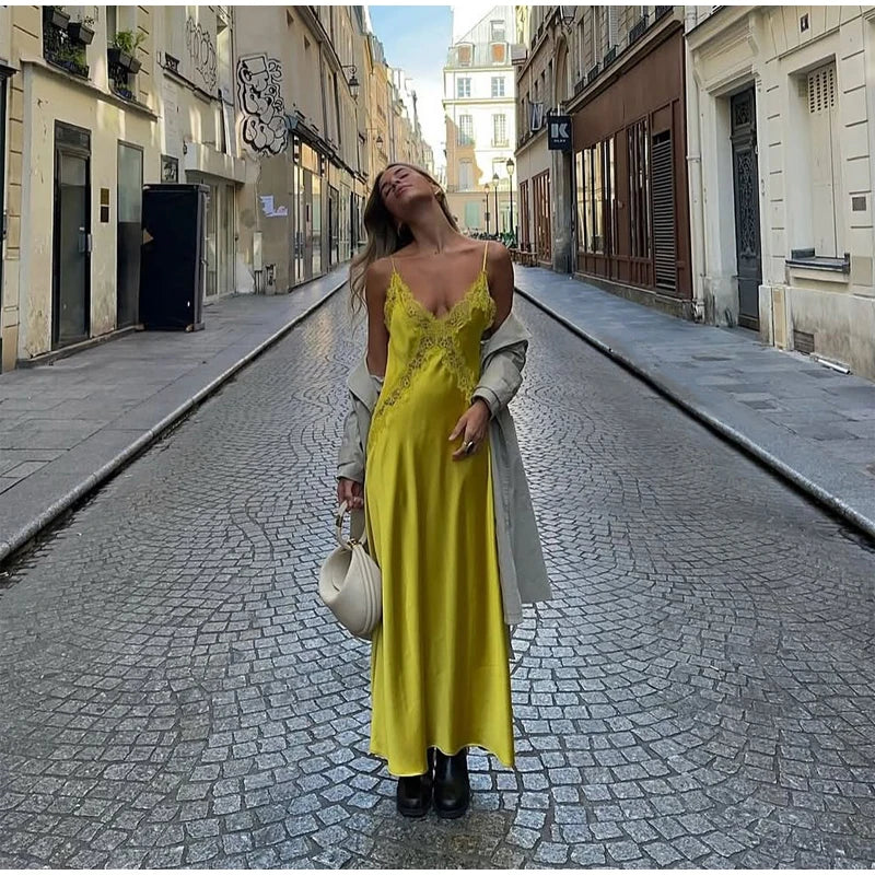 Chic Solid Lace Patchwork Satin Dress Fashion Sleeveless Off-shoulder Sling Maxi Dresses Party Daily Outdoor Casual Attire 2026