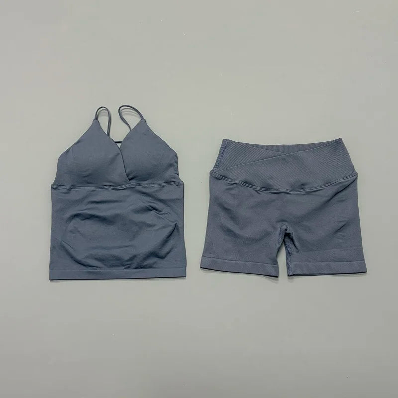 2Pcs Workout Shorts Set Women Cross Waist Scrunch Butt Shorts Tummy Control Racerback Tank Top Running Fitness Two Piece Suit