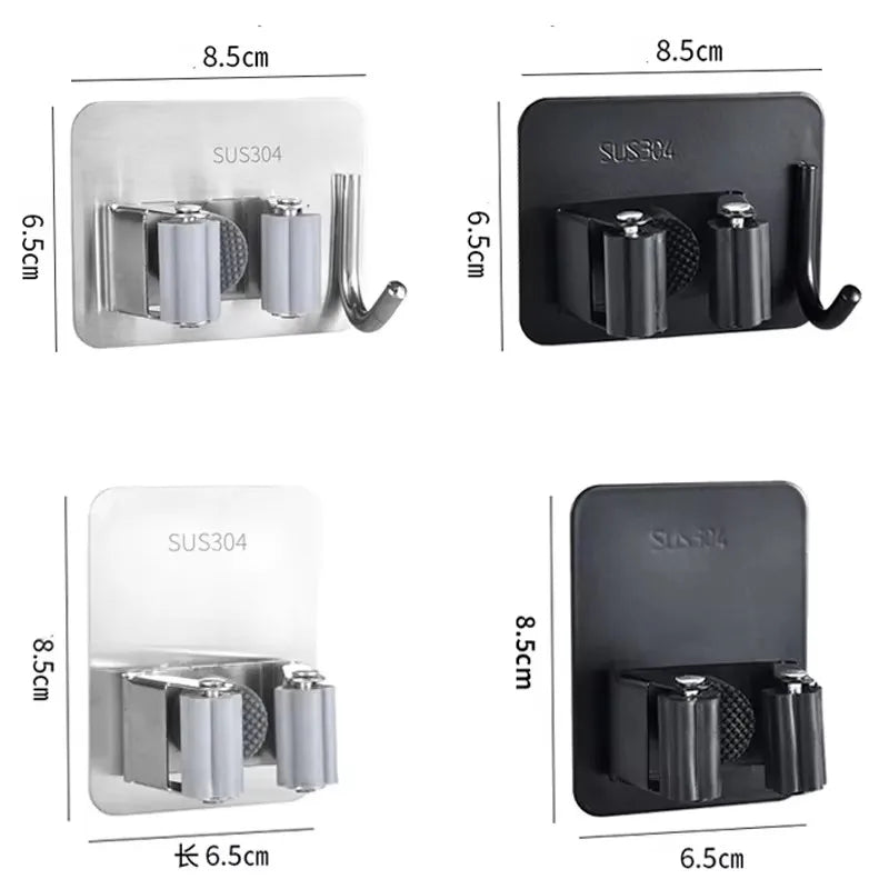 304 Stainless Steel Mop Clip Holder Bathroom Punch-free Mop Broom Brush Hanging Rack Strong Sticky Hook Wall Organizer Shelf