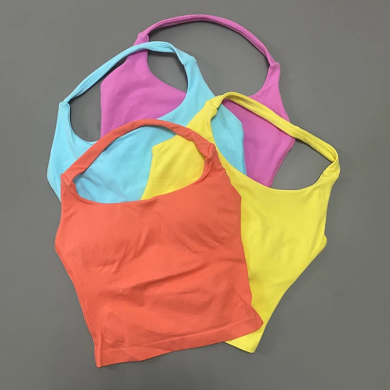 2DF-LOgo Women Halter 2Pcs Yoga Outfit PaddedCrop Tank High Waist Peach Butt ShortsSeamless Gym Pilates Sportswear
