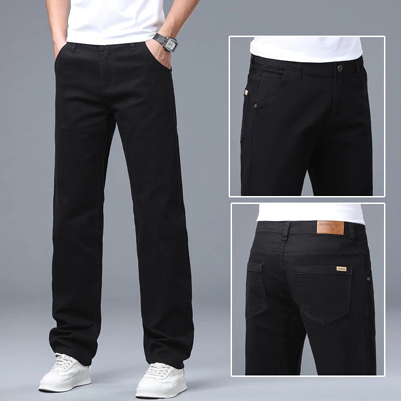 Classic Straight Men's Jeans Spring New Fashion Business Work Casual Trousers Comfort Elastic Solid Color Denim Pants