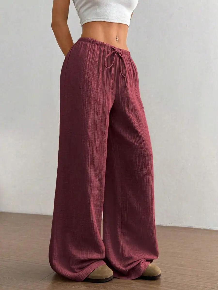 Women's Elegant Versatile Elastic Waist Comfortable Casual Pant Slightly Elastic Simple Solid Color High Waist Wide-leg Pants