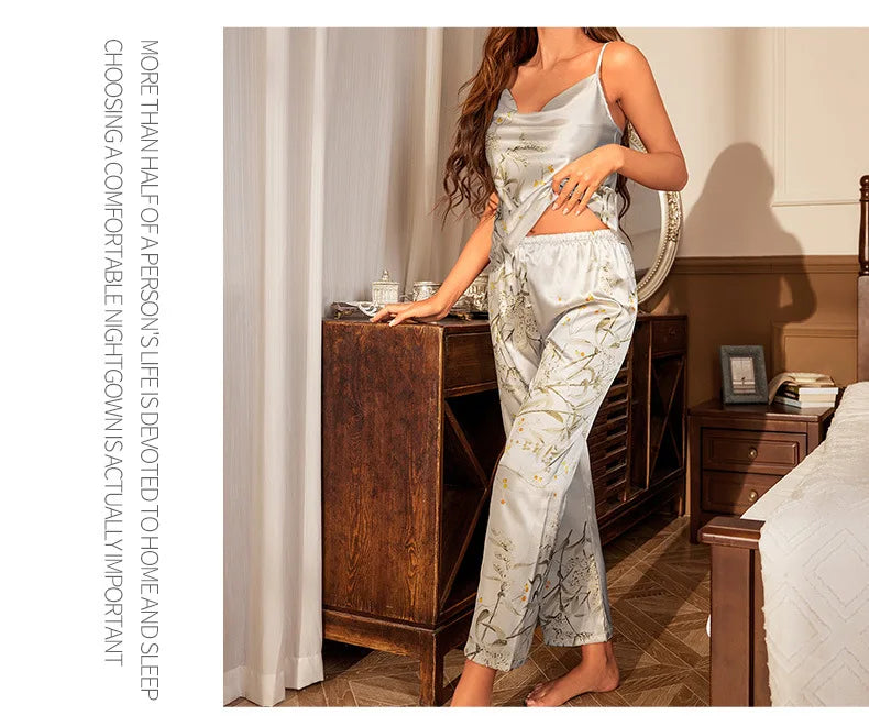 Sexy Suspender Pajamas Set Summer Women Satin Sleepwear Trouser Suits Print Flower Pyjama Pour Femme Loose Home Wear Pijamas