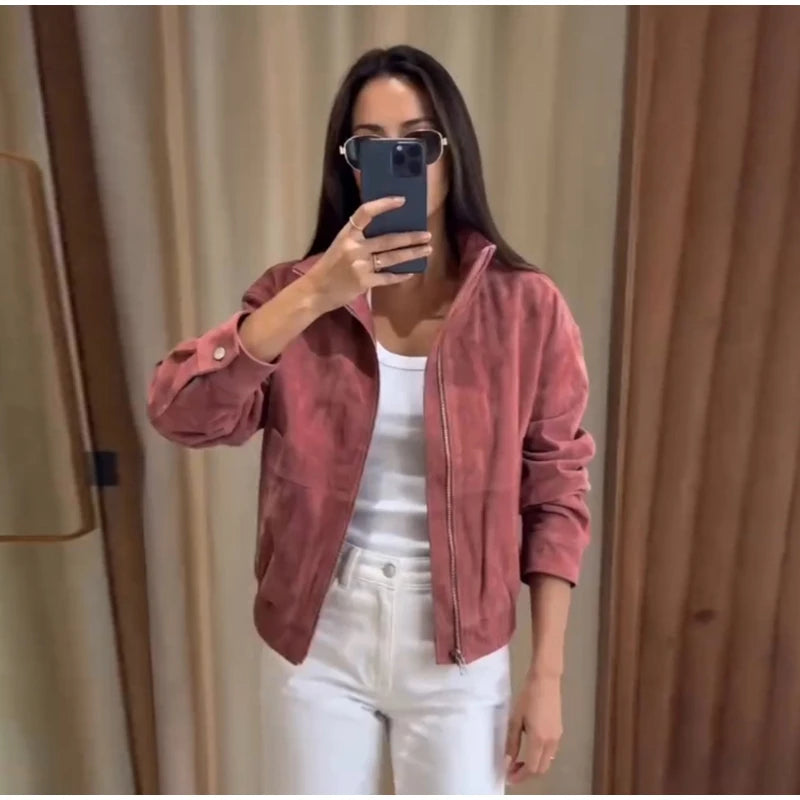 Women Dusty Faux Suede Bomber Jacket Stand Collar Zip Up Loose Drop Shoulder Elastic Hem Casual Fall Outerwear 2026 Fashion Coat