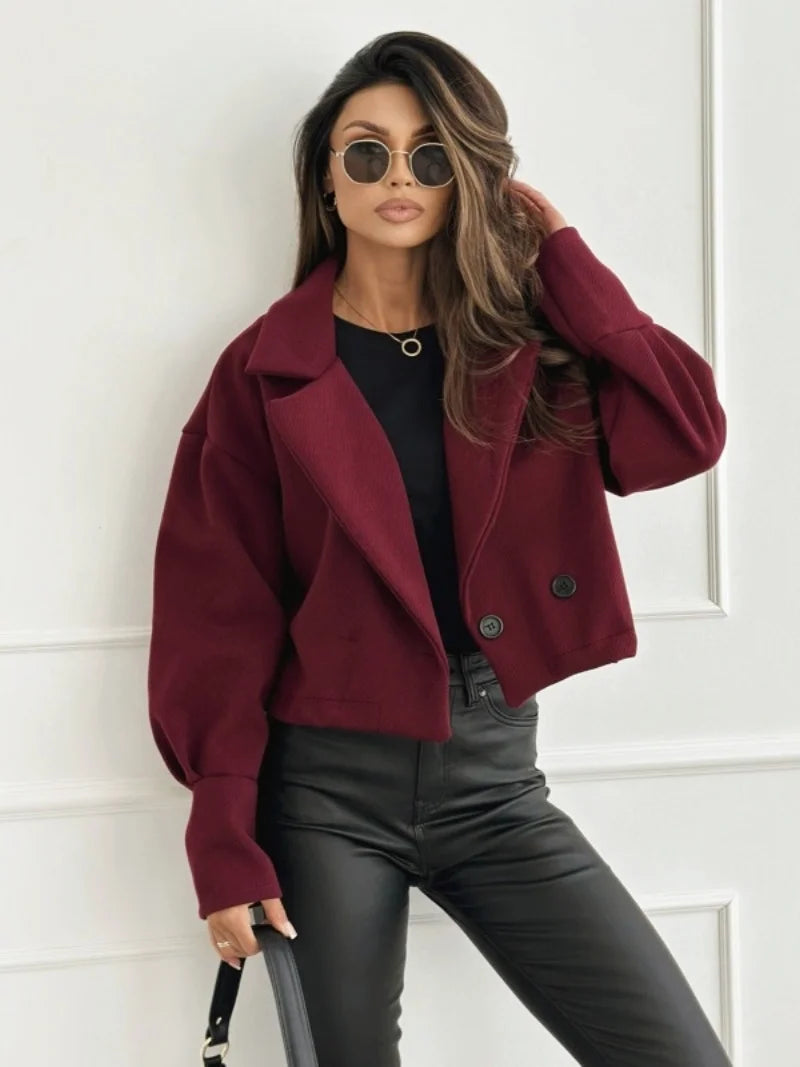 Women's Cropped Wool Blend Coat with Notch Lapel and Double Breasted Button Closure for Fall Winter Fashion