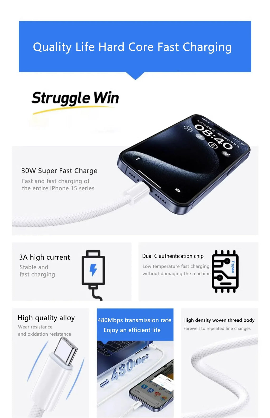 Original USB-C Fast Charger Cable For iPhone 15 Pro Max 15 Pro 15 Puls PD 60W USB-C Weaving Charging Data Line Accessories