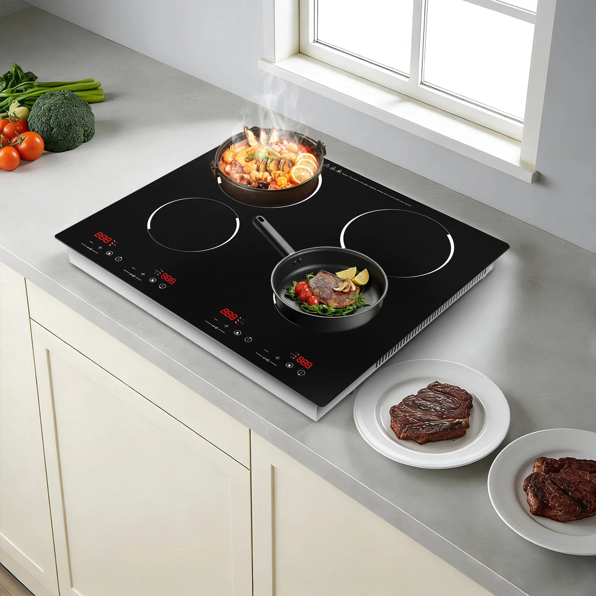 3000W Electric Ceramic Cooktop 4 Burners 110V, Infrared Radiant Stove with 9 Power Levels, Built-in Countertop Kitchen Cooker