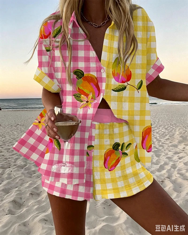 Holiday Summer Vacation Shorts Set 3D Printed Seaside Tropical Casual Lapel Shirt Blouse Top Shorts 2-Piece Suits Beach Clothes