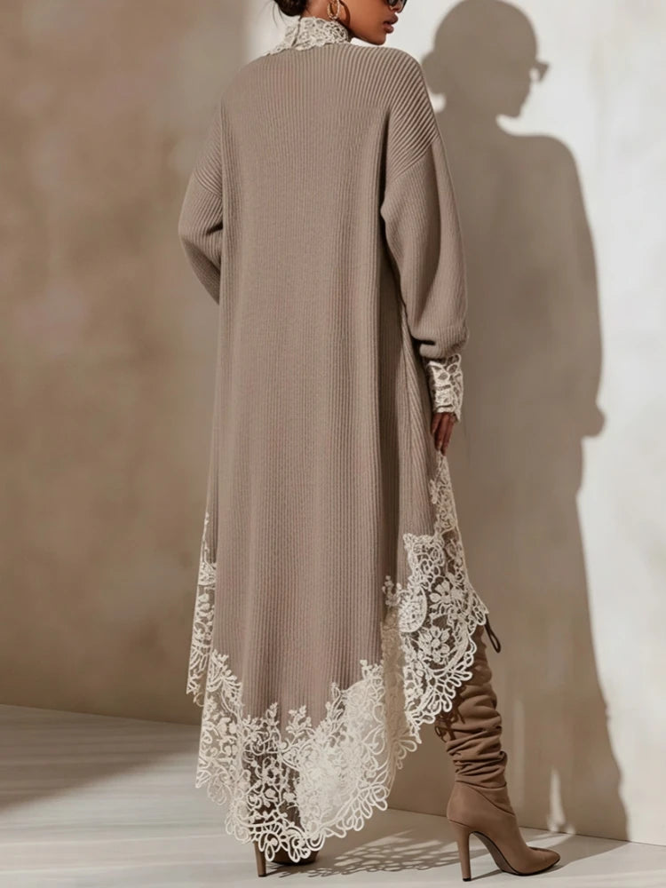 Solid Lace Trim Mini Dress Women Casual Patchwork Long Sleeve Turtleneck Asymmetrical Hem Loose Dresses 2026 Spring Autumn Dress